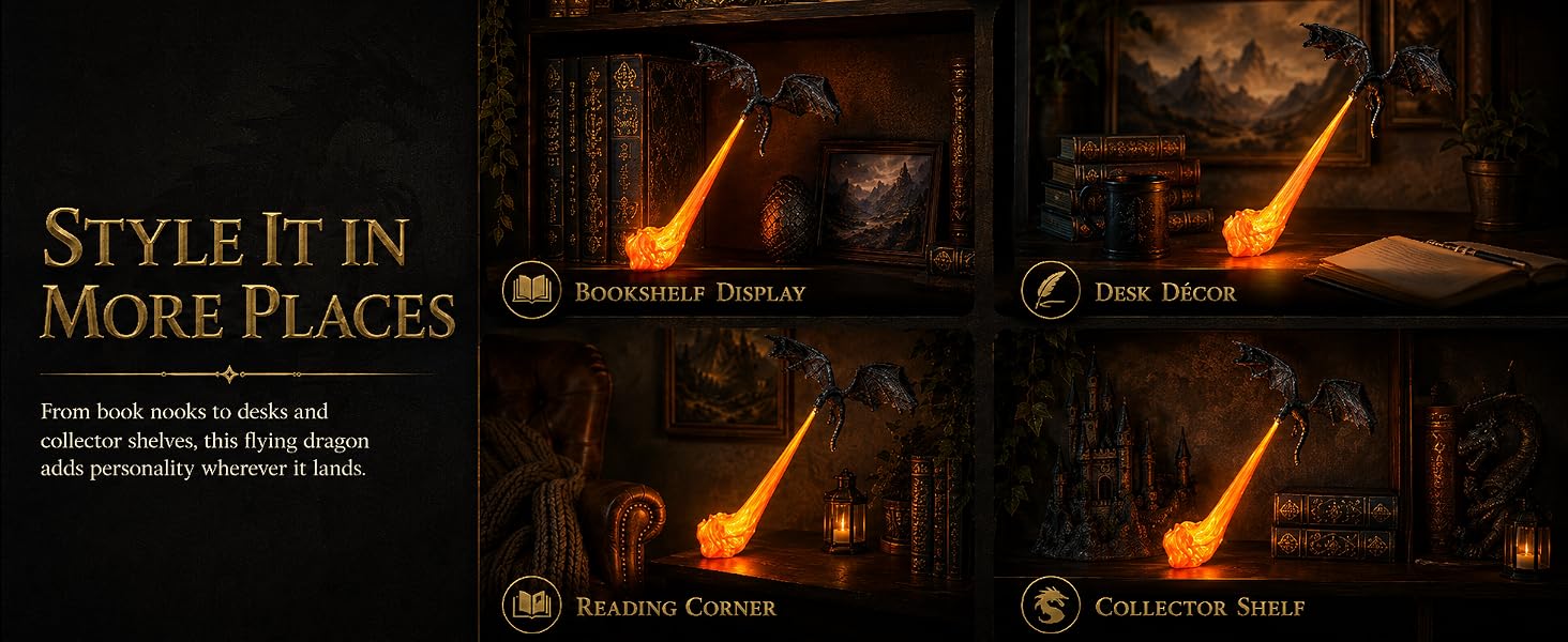 Fire Dragon styled on a bookshelf, desk, reading corner and collector shelf